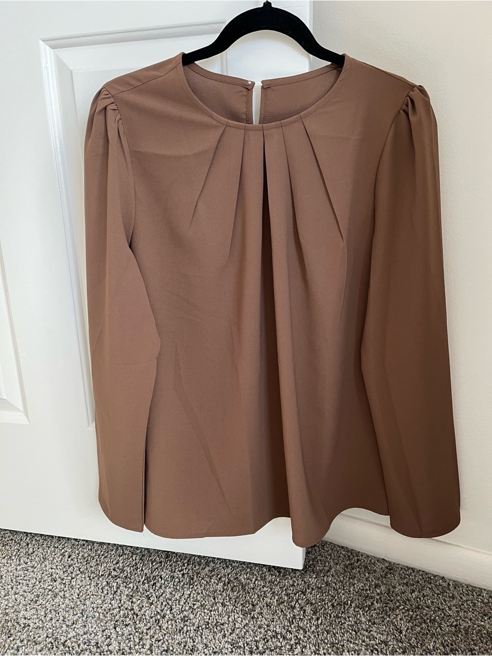 Pleated Round-Neck Brown Long-Sleeve Blouse